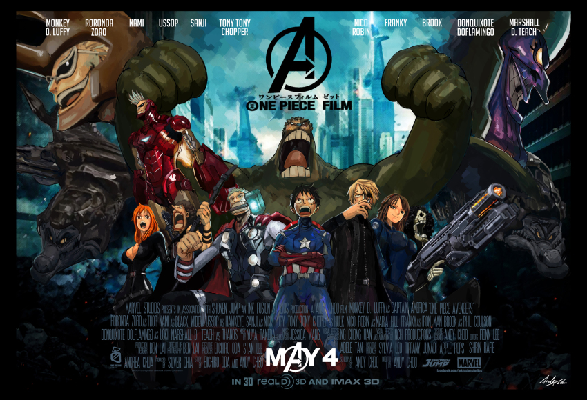 2girls 6+boys afro alien andimoo armor artist_name avengers_(series) black_hair black_widow black_widow_(cosplay) blonde_hair bodysuit bow_(weapon) breasts brook_(one_piece) building cape captain_america captain_america_(cosplay) character_name cigarette cleavage colored_skin copyright_name cosplay crossed_arms crossover dated donquixote_doflamingo eyepatch franky_(one_piece) giant green_hair green_skin gun hammer hawkeye_(marvel) hawkeye_(marvel)_(cosplay) highres hulk hulk_(cosplay) iron_man iron_man_(cosplay) jacket loki_(marvel) loki_(marvel)_(cosplay) lord_of_the_coast maria_hill maria_hill_(cosplay) marshall_d._teach marvel marvel_cinematic_universe monkey_d._luffy mouth_hold movie_poster multiple_boys multiple_girls nami_(one_piece) nick_fury nick_fury_(cosplay) nico_robin one_piece orange_hair parody phil_coulson phil_coulson_(cosplay) power_armor roronoa_zoro sanji_(one_piece) scar shield short_hair signature skeleton sunglasses thanos thanos_(cosplay) thor_(marvel) thor_(marvel)_(cosplay) tony_tony_chopper usopp weapon