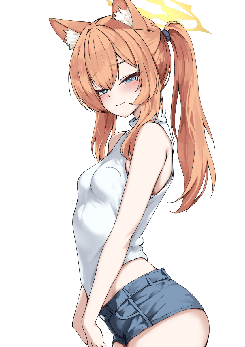 1girl absurdres alternate_costume alternate_hairstyle animal_ear_fluff animal_ears awnw bare_arms blue_archive blue_eyes blue_shorts blush breasts cat_ears cat_girl closed_mouth commentary_request denim denim_shorts from_side halo highres long_hair looking_at_viewer mari_(blue_archive) midriff orange_hair ponytail shirt short_shorts shorts simple_background sleeveless sleeveless_shirt small_breasts smile solo white_background white_shirt yellow_halo