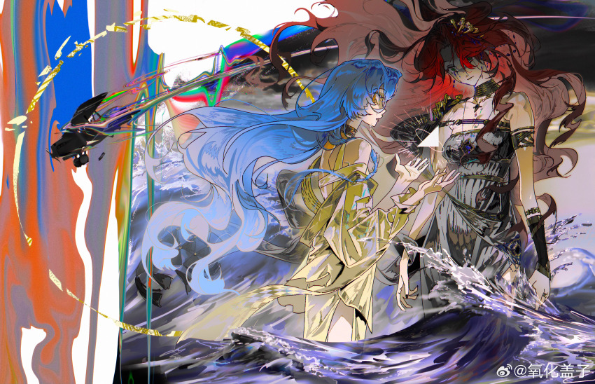 2girls 37_(reverse:1999) abstract_background absurdres ancient_greek_clothes armlet bare_shoulders black_choker blue_eyes blue_hair bracer chinese_commentary chiton choker commentary_request crying crying_with_eyes_open eye_contact eyelashes face-to-face floating_hair gold_ring greco-roman_clothes green_eyes hair_between_eyes hair_ornament highres himation jewelry long_hair looking_at_another makeup multiple_girls necklace object_floating_above_hand ocean official_alternate_costume open_mouth outstretched_arms red_hair reverse:1999 runny_makeup sad sophia_(manus_vindictae)_(reverse:1999) sophia_(reverse:1999) storm tears triangle very_long_hair wading watermark waves wavy_hair weibo_watermark wide-eyed yanghua_gaizi