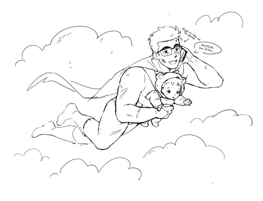 2boys animal_hood baby babywearing bear_hood cape clark_kent cloud d-e-r-i dc_comics english_text father_and_son flying glasses hair_slicked_back highres hood jonathan_kent male_focus monochrome multiple_boys my_adventures_with_superman sketch superhero_costume superman superman_(series)