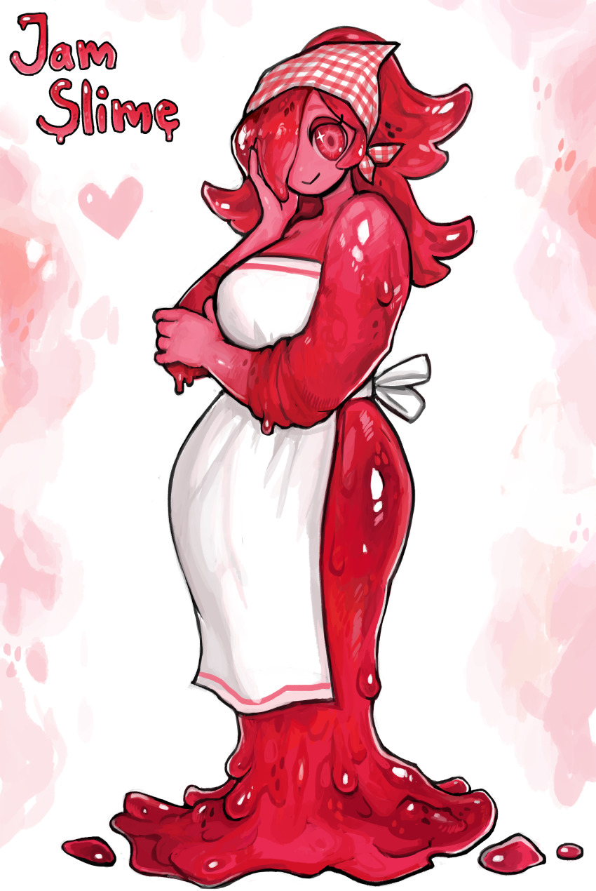 1girl absurdres apron closed_mouth colored_skin hand_up headscarf heart highres looking_at_viewer matilda_fiship mature_female monster_girl original red_eyes red_hair red_skin red_theme slime_girl smile solo white_apron white_headscarf