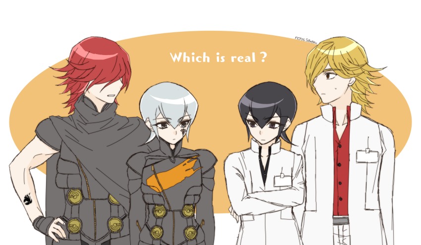 2boys black_hair blonde_hair digital_devil_saga dual_persona grey_eyes grey_hair hair_over_one_eye heat_(dds) highres multiple_boys red_hair serph shin_megami_tensei