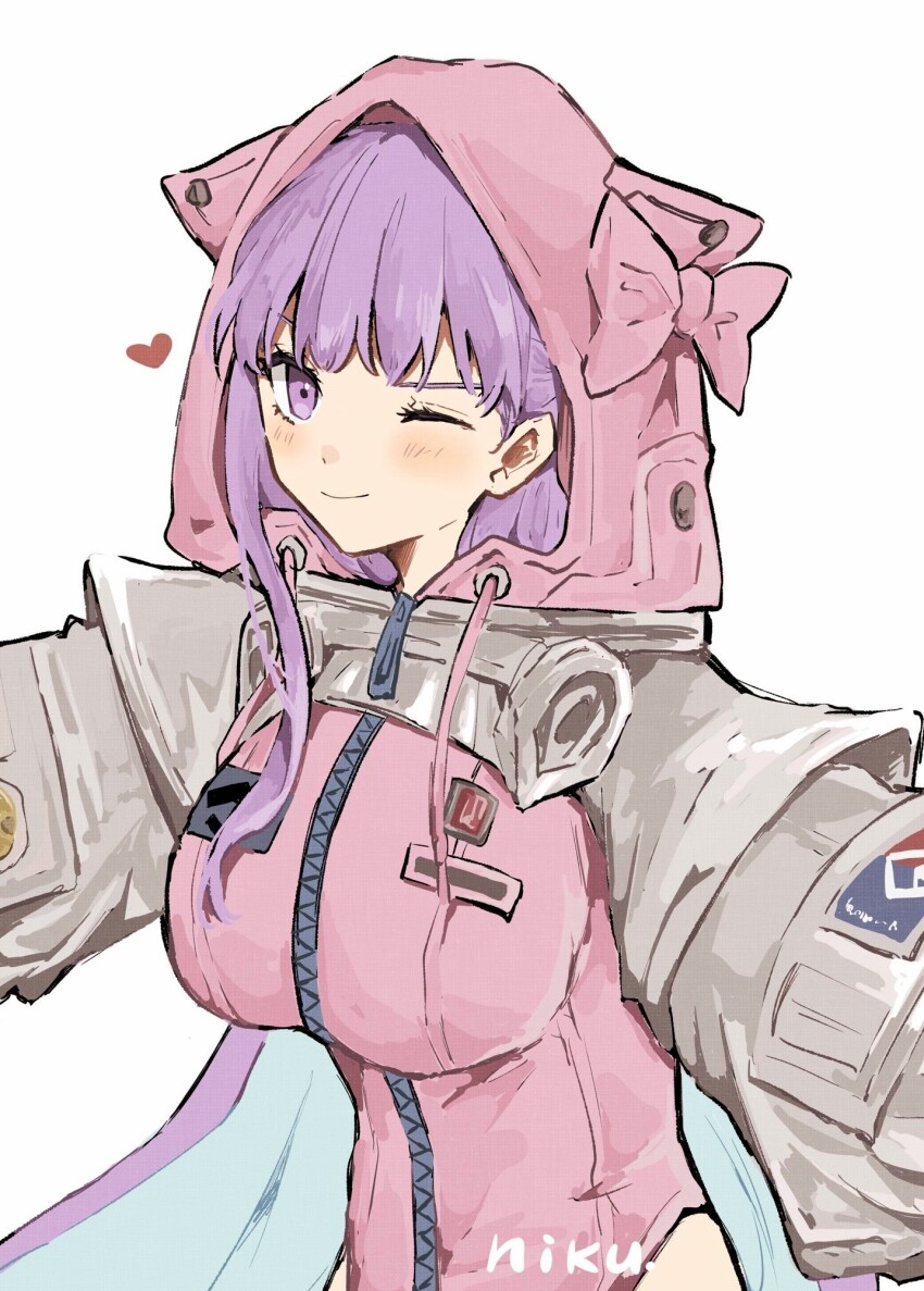 1girl animal_ear_hood animal_ears artist_name bb_(fate) bb_cosmo_(fate) blush breasts cat_ears emblem fake_animal_ears fate/grand_order fate_(series) fgo_si full-length_zipper heart highres hood hooded_leotard jumpsuit large_breasts leotard long_hair long_sidelocks long_sleeves looking_at_viewer one_eye_closed outstretched_arms pink_hood pink_jumpsuit pink_leotard purple_eyes purple_hair shrug_(clothing) sidelocks simple_background single_sidelock smile solo spacesuit three_quarter_view upper_body very_long_hair white_background white_shrug wispy_bangs zipper
