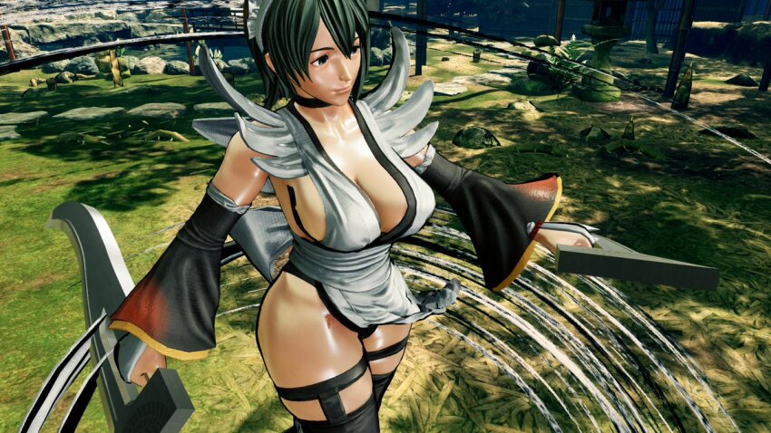 1girl 3d apron ass black_hair black_leotard breasts butterfly_swords curvy forest highleg highleg_leotard holding holding_weapon iroha_(samurai_spirits) large_breasts leotard leotard_under_clothes lips looking_to_the_side maid maid_headdress nature ryona samurai_spirits screencap shiny_skin short_hair solo thighhighs third-party_edit thong_leotard weapon wide_hips wind