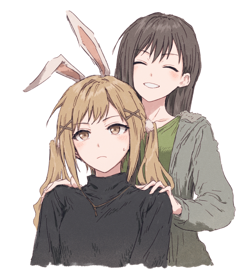 2girls :d animal_ears bang_dream! black_hair black_sweater blonde_hair bullfalk closed_eyes cropped_torso cross_hair_ornament double-parted_bangs fake_animal_ears green_shirt grey_jacket grin hair_ornament hairclip hanazono_tae hands_on_another&#039;s_shoulders highres hood hooded_jacket ichigaya_arisa jacket jewelry light_frown long_hair long_sleeves looking_past_viewer multiple_girls necklace open_mouth rabbit_ears revision shirt sidelocks small_sweatdrop smile sweater t-shirt turtleneck turtleneck_sweater twintails x_hair_ornament