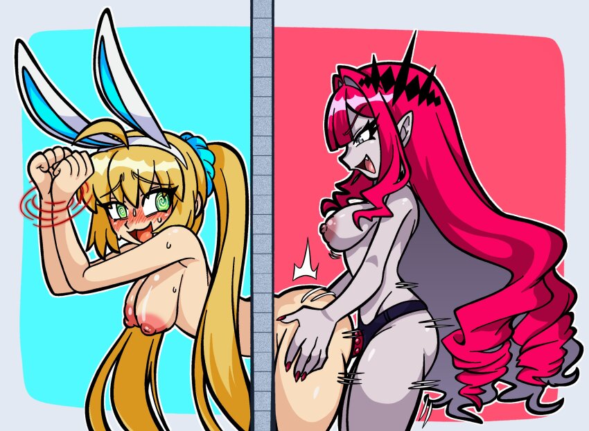 2girls @_@ artoria_caster_(fate) artoria_caster_(swimsuit_berserker)_(fate) artoria_caster_(swimsuit_berserker)_(second_ascension)_(fate) artoria_pendragon_(fate) baobhan_sith_(fate) blonde_hair blush bound bound_wrists breasts dildo fang fate/grand_order fate_(series) green_eyes grey-framed_eyewear hair_ornament highres itakeabite long_hair multiple_girls nipples nude pointy_ears sex sex_from_behind sex_toy smile strap-on sweat textless_version twintails vaginal yuri