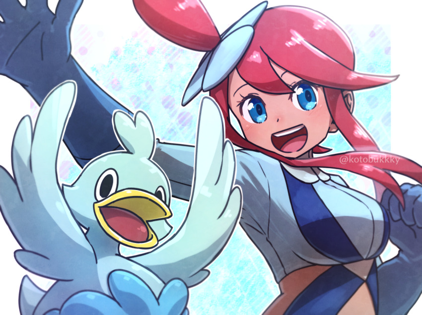 1girl :d blue_eyes blue_jacket breasts clenched_hand commentary_request cropped_jacket ducklett eyelashes gen_5_pokemon gloves hair_ornament happy jacket kotobukkii_(yt_lvlv) nintendo one_side_up open_mouth pokemon pokemon_(creature) pokemon_bw sidelocks skyla_(pokemon) smile teeth tongue upper_teeth_only watermark