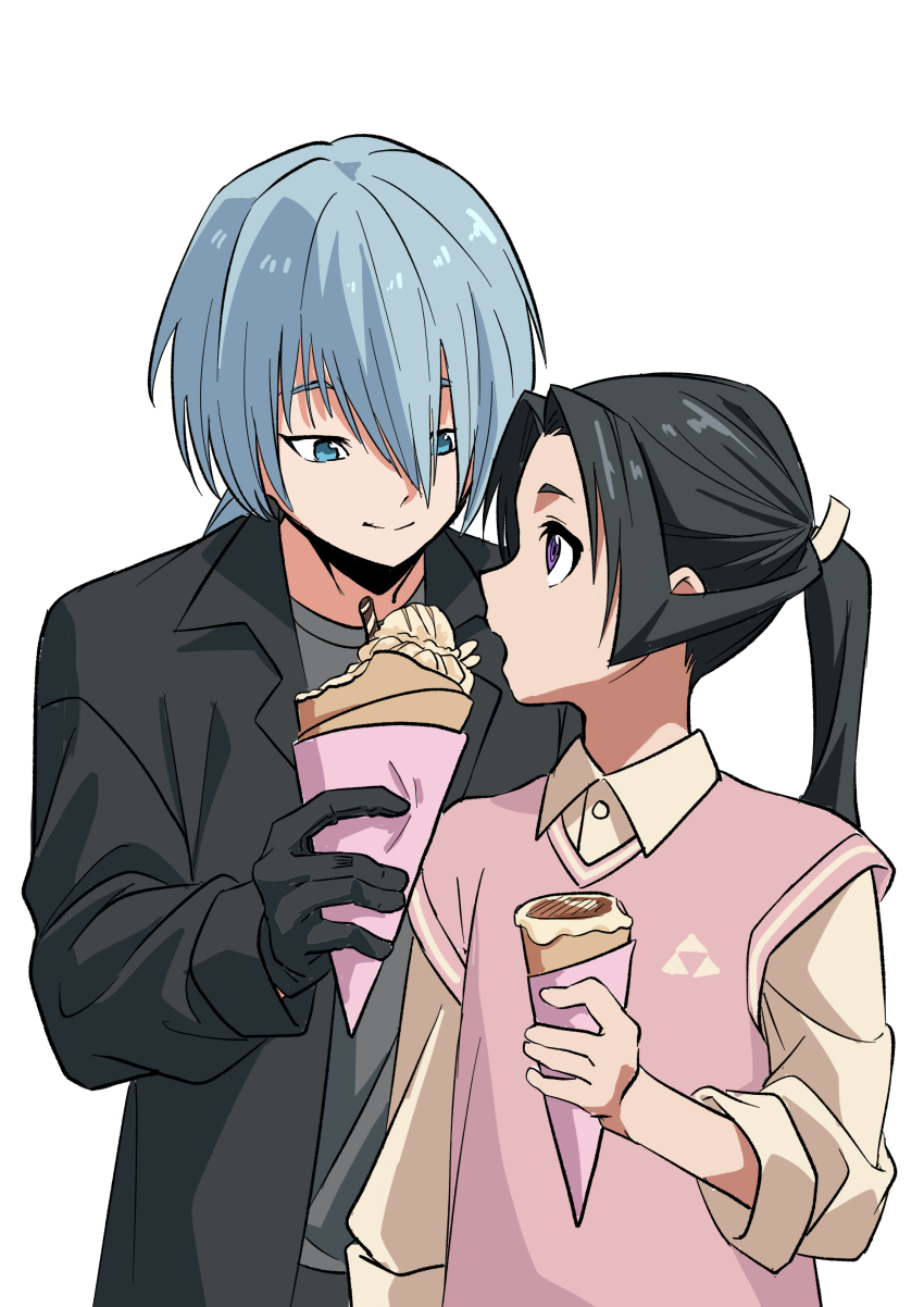 2boys absurdres black_gloves black_hair black_jacket blue_eyes blue_hair collared_shirt crest eating eye_contact family_crest food fubuki_(nige_jouzu_no_wakagimi) gloves grey_shirt highres houjou_tokiyuki_(nige_jouzu_no_wakagimi) ice_cream ice_cream_cone jacket light_blue_hair long_hair looking_at_another mado_cat02 male_focus mitsu_uroko motoyui multiple_boys nige_jouzu_no_wakagimi pink_vest purple_eyes sharing_food shirt simple_background upper_body vest white_background white_shirt