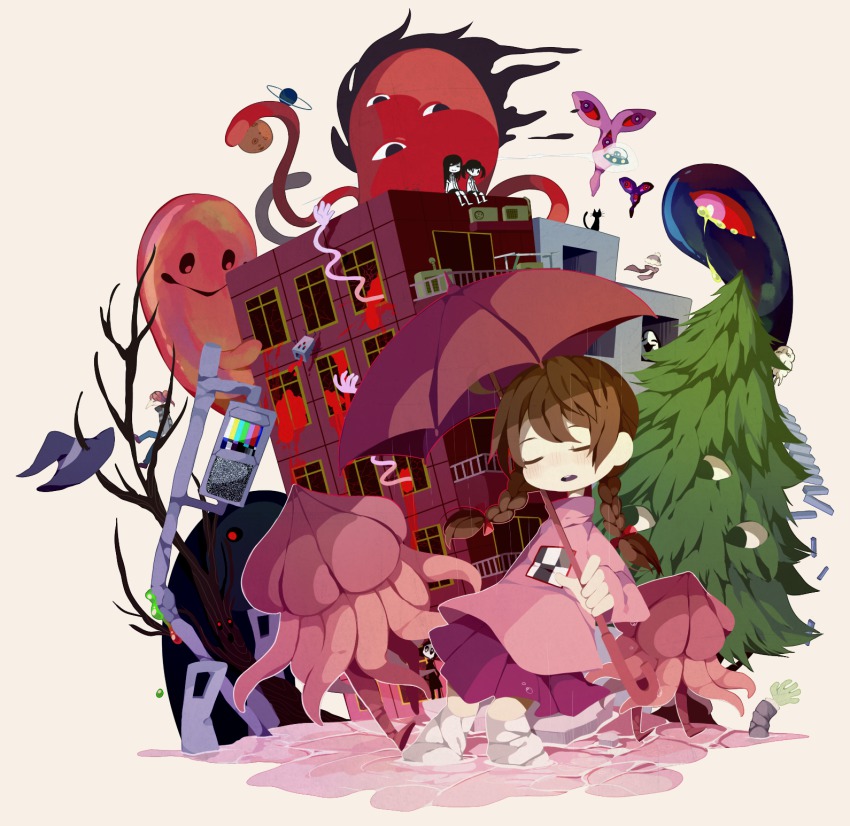 1boy 5girls :o beanie black_hair blood braid broken broken_glass brown_hair building cat closed_eyes creature door expressionless falling glass hair_ribbon hat highres kasei-san kyukkyu-kun madotsuki mafurako monoe monoko multiple_girls open_mouth pale_skin pine_tree pink_shirt railing rain ribbon sakurakunet scarf sekomumasada_sensei shirt sitting smile smirk stairs striped tears tokuto-kun toriningen traffic_light tree turtleneck twin_braids twintails uboa umbrella water witch_hat yume_nikki