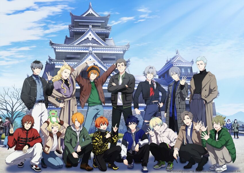 4girls 6+boys ;d ahoge amagase_touma aoi_yusuke black_hair black_headband blonde_hair blue_hair brown_hair coat collared_shirt crossed_arms denim green_coat green_hair green_shirt hair_between_eyes hanazono_momohito hand_in_pocket headband idolmaster idolmaster_side-m jacket jeans kaerre kamiya_yukihiro kizaki_ren kuzunoha_amehiko long_hair long_sleeves looking_at_viewer multicolored_hair multiple_boys multiple_girls nekoyanagi_kirio official_art one_eye_closed open_clothes open_jacket open_mouth orange_hair pants pierre_bichelberger red_coat sakaki_natsuki shingen_seiji shirt shoes smile sneakers stuffed_animal stuffed_frog stuffed_toy taiga_takeru takajo_kyoji tsukumo_kazuki v wakazato_haruna waving