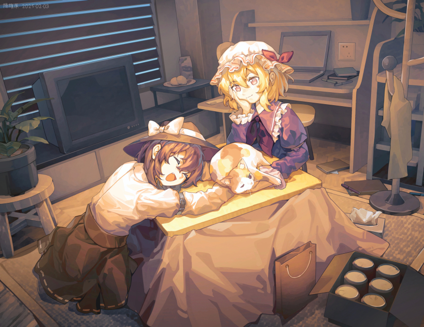 2girls ^_^ arm_belt black_skirt blonde_hair bow box brown_eyes brown_hair cat closed_eyes closed_mouth coat_rack commentary_request crt dated dress elbow_rest fang fedora frilled_sleeves frills full_body furahata_gen hand_on_own_cheek hand_on_own_face happy hat hat_bow hat_ribbon head_rest highres indoors kotatsu maribel_hearn mob_cap multiple_girls open_mouth plant potted_plant purple_dress ribbon ribbon-trimmed_skirt ribbon_trim shirt short_hair skirt table television tissue_box touhou under_kotatsu under_table usami_renko white_bow white_ribbon white_shirt