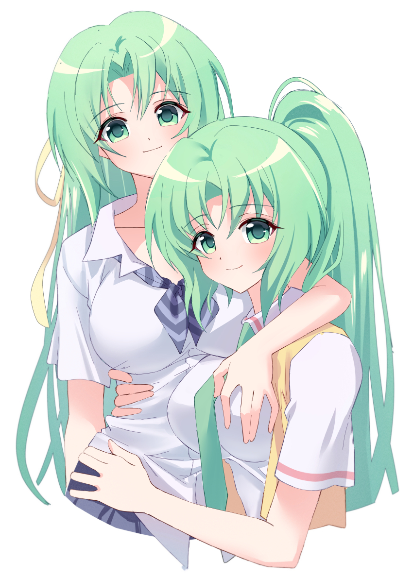 2girls absurdres arm_around_shoulder breasts closed_mouth collared_shirt cropped_torso green_eyes green_hair green_necktie hair_ribbon hand_on_another&#039;s_chest hand_on_another&#039;s_hip hand_on_another&#039;s_waist highres higurashi_no_naku_koro_ni large_breasts long_hair looking_at_viewer multiple_girls necktie nyako_(x_nyako_x) open_clothes open_vest parted_bangs ponytail ribbon shirt short_sleeves siblings simple_background sisters smile sonozaki_mion sonozaki_shion twins vest white_background white_shirt yellow_ribbon yellow_vest