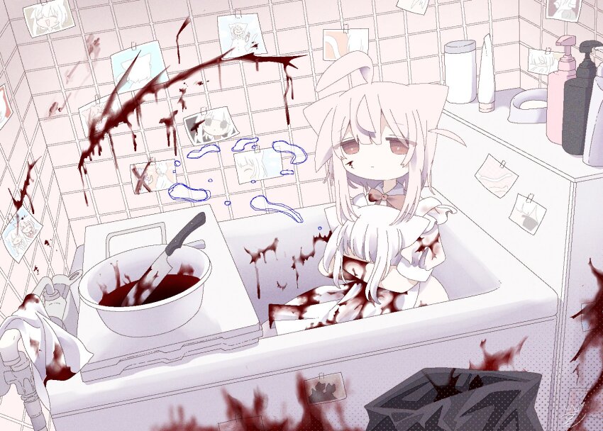 1girl ahoge animal_ears ashi_izumo bathroom bathtub bathtub_tray blood blood_on_clothes blood_splatter bloody_weapon bow bowtie cat_ears cat_girl closed_mouth commentary dress expressionless highres holding_detached_head hugging_object indoors looking_at_viewer medium_hair murder original photo_(object) red_bow red_bowtie red_eyes severed_head shampoo_bottle symbol-only_commentary tile_wall tiles towel trash_bag washpan weapon white_dress white_hair yandere