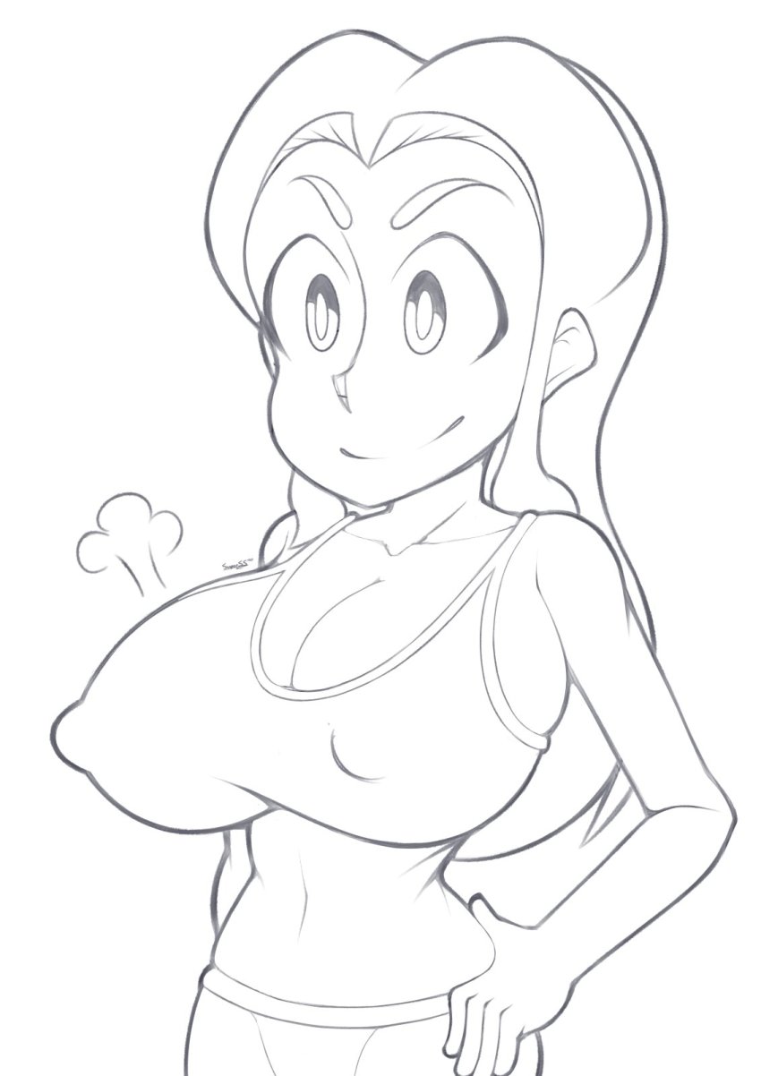 1girl artist_name breasts cleavage hand_on_own_hip highres large_breasts long_hair maria_robotnik monochrome navel nipples sega signature smile sonic_(series) sonic_adventure_2 sonic_(series) supersegasonicss white_background