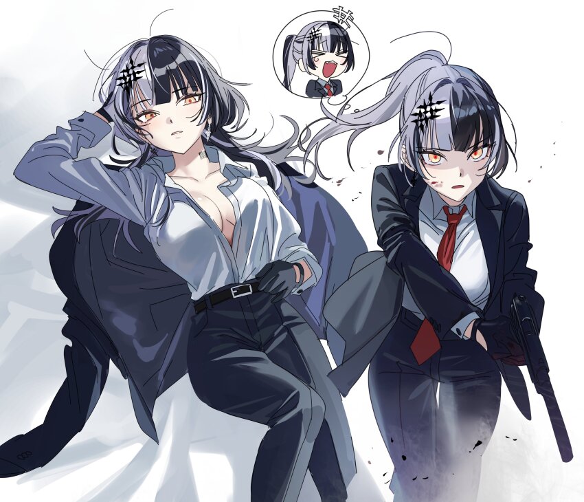 &gt;_&lt; 1girl absurdres agent_47 agent_47_(cosplay) barcode barcode_tattoo belt black_belt black_gloves black_hair black_jacket black_pants blood blood_on_face breasts closed_eyes collared_shirt commentary cosplay dress_pants dress_shirt earrings english_commentary feet_out_of_frame floating_hair gloves grey_hair gun hair_ornament handgun highres hitman_(game) holding holding_gun holding_weapon hololive hololive_english jacket jewelry large_breasts long_sleeves looking_at_viewer lying multicolored_hair multiple_views neck_tattoo necktie on_back open_clothes open_jacket open_mouth pants parted_lips ponytail red_necktie shiori_novella shirt shirt_tucked_in simple_background speech_bubble split-color_hair standing suit_jacket suppressor tattoo thought_bubble two-tone_hair unworn_jacket virtual_youtuber weapon white_background white_shirt yellow_eyes yomosaka