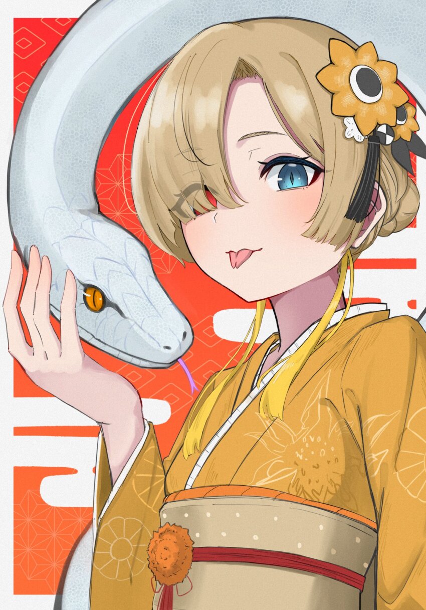 1girl :p blonde_hair blue_eyes braid chinese_zodiac commentary_request flat_chest flower forked_tongue hair_flower hair_ornament hair_up heterochromia highres isekaijoucho japanese_clothes kamitsubaki_studio kimono looking_at_viewer new_year red_eyes slit_pupils snake solo tekomaru tongue tongue_out upper_body year_of_the_snake