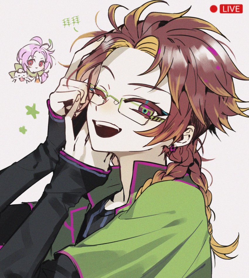 2boys ;d blonde_hair braid brown_eyes brown_hair chibi colored_eyelashes dita_iliner glasses godzylla_(saibou_shinkyoku) green_jacket green_scarf hajun_(hey_sangha) highres jacket long_sleeves male_focus multicolored_hair multiple_boys multiple_braids one_eye_closed open_clothes open_jacket open_mouth orie_rin pink_hair rectangular_eyewear red_eyes saibou_shinkyoku scarf short_sleeves smile star_(symbol) symbol-only_commentary teeth upper_teeth_only