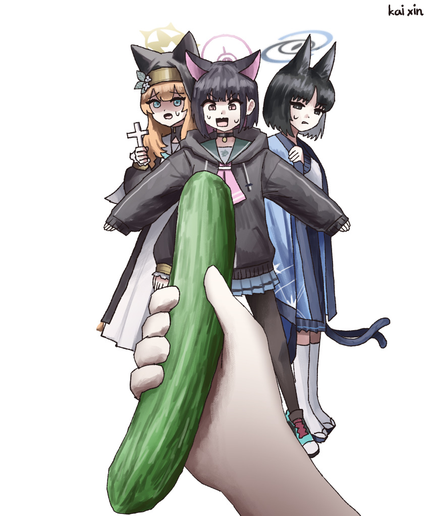 3girls absurdres animal_ear_headwear animal_ears ascot black_choker black_coat black_eyes black_hair black_hat black_jacket black_pantyhose blue_archive blue_eyes blue_haori blue_shoes blue_skirt blunt_bangs bob_cut cat_choker cat_ears cat_girl cat_tail choker coat colored_inner_animal_ears colored_inner_hair cross cucumber dress extra_ears fake_animal_ears feral_instincts food green_sailor_collar hair_between_eyes haori hat highres holding holding_cross holding_food holding_vegetable jacket japanese_clothes kai_xin kazusa_(blue_archive) kikyou_(blue_archive) kneehighs long_hair looking_at_viewer mari_(blue_archive) multicolored_hair multiple_girls multiple_tails nun open_mouth orange_hair pantyhose parted_bangs pink_ascot pink_eyes pov sailor_collar sandals shaded_face shirt shoes sidelocks skirt socks sweatdrop tail two-tone_hair two_tails vegetable very_long_hair white_dress white_shirt white_socks
