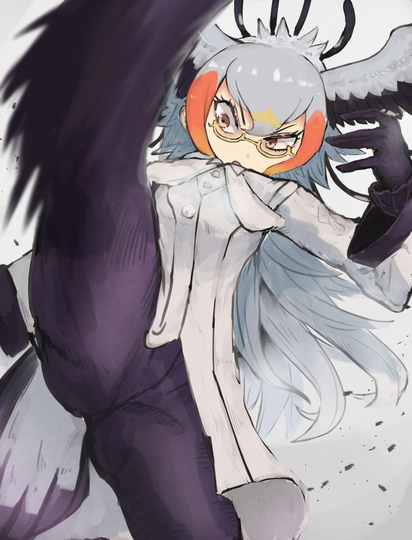 1girl action adeshi_(adeshi0693119) bird_girl bird_tail bird_wings black_gloves black_hair black_pants blonde_hair brown_eyes coat collared_shirt commentary_request glasses gloves hair_between_eyes head_wings highres kemono_friends long_coat long_hair long_sleeves multicolored_hair pants red_hair secretarybird_(kemono_friends) semi-rimless_eyewear shirt sidelocks solo tail white_coat white_hair white_neckwear wings