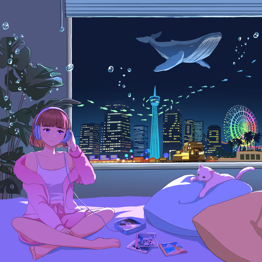 1girl absurdres animal barefoot bob_cut building cat cd_case cd_player cityscape feet ferris_wheel flying_whale headphones highres indian_style jacket monstera_deliciosa nap_on_a_cloud night on_bed open_clothes open_jacket original pillow pink_jacket plant shirt sitting skyscraper sleeveless sleeveless_shirt whale white_cat white_shirt