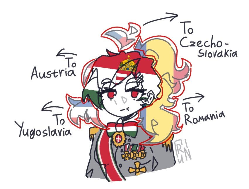1girl bow bowtie commentary czech_flag english_commentary english_text epaulettes grey_jacket hungarian_flag jacket medal military_uniform multicolored_hair original red_eyes romania_(hetalia) simple_background solo trun2554 white_background yugoslavian_flag