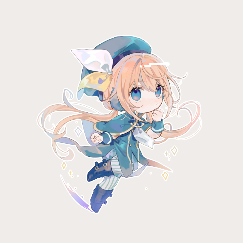 1girl beret black_boots blue_capelet blue_eyes blue_hat blue_jacket blush boots brown_hair capelet chibi closed_mouth efina full_body grey_background hair_between_eyes hand_up hat highres jacket jne lieat long_hair low_twintails pantyhose ribbon short_shorts shorts simple_background solo sparkle striped_clothes striped_pantyhose twintails vertical-striped_clothes vertical-striped_pantyhose very_long_hair white_ribbon wrist_cuffs yellow_ribbon
