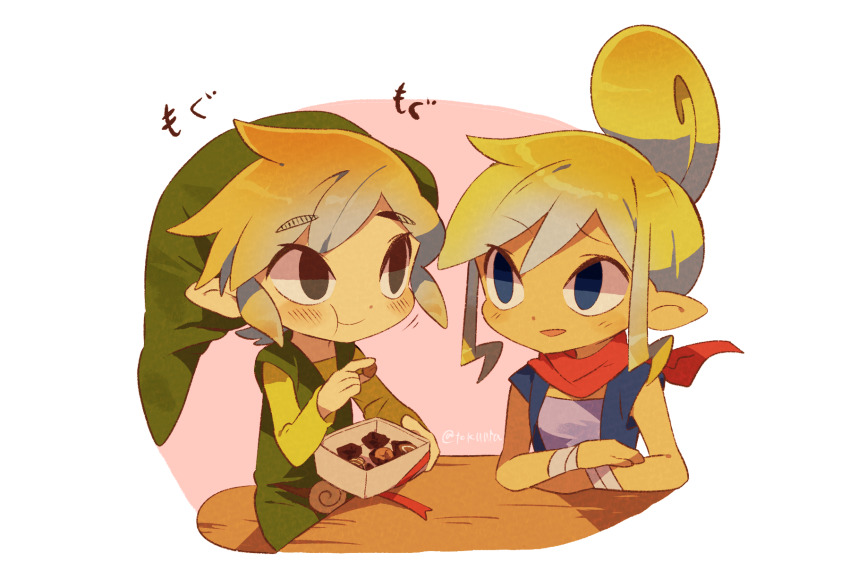 1boy 1girl :t artist_name bandaged_arm bandages bandana black_eyes blonde_hair blue_eyes blue_jacket blush box chocolate closed_mouth commentary_request eating food green_headwear green_shirt green_tunic hand_up hat highres holding holding_food jacket link long_sleeves looking_at_another nintendo open_clothes open_jacket open_mouth parted_bangs pink_background pointy_ears purple_shirt raised_eyebrow red_bandana red_ribbon ribbon shirt short_hair sidelocks simple_background sitting sleeveless sleeveless_jacket smile table tetra the_legend_of_zelda the_legend_of_zelda:_the_wind_waker tokuura toon_link tunic twitter_username two-tone_background white_background