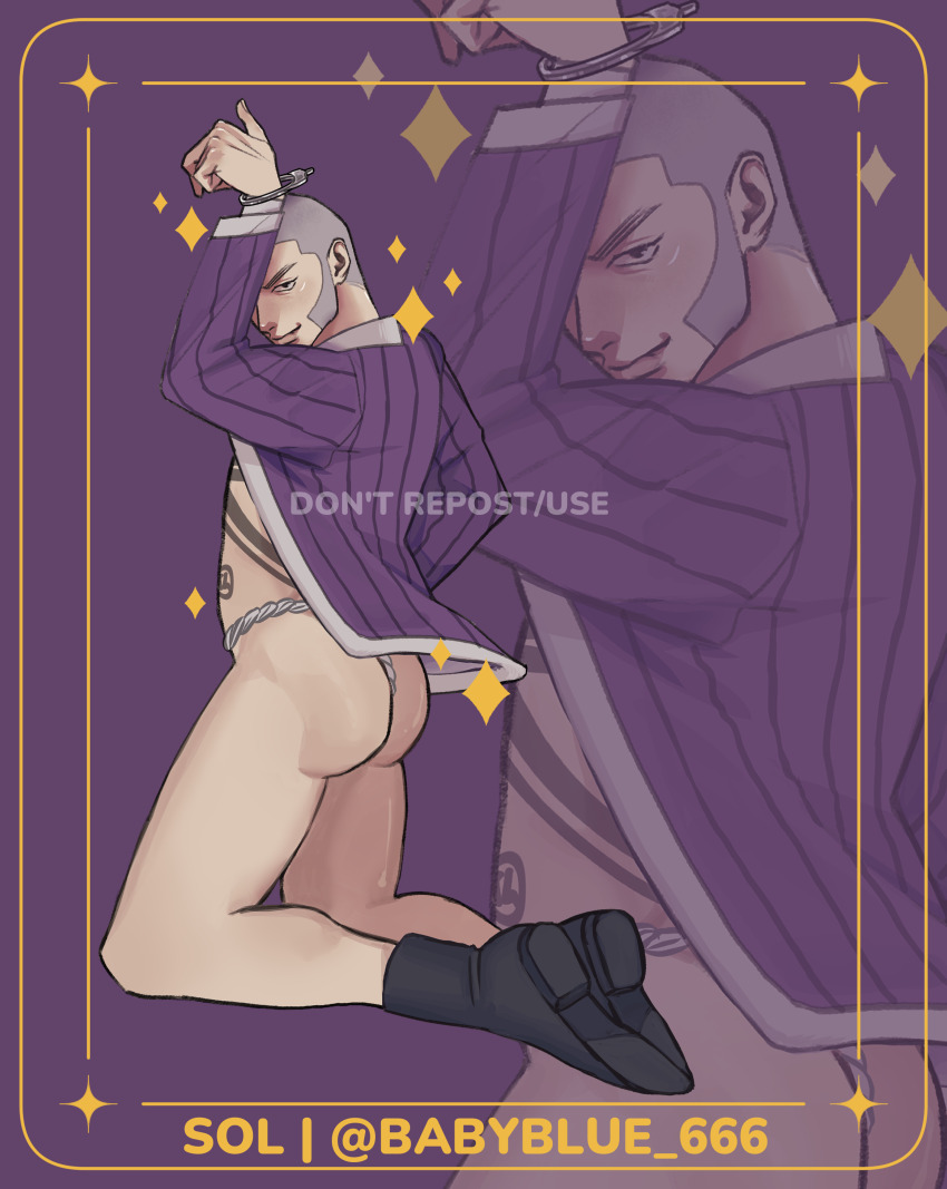 1boy absurdres ass bara bdsm black_hair bondage bound buzz_cut full_body fundoshi golden_kamuy grey_hair hair_tattoo happi highres inset_border japanese_clothes looking_at_viewer looking_to_the_side male_focus nipples purple_theme shoes short_hair smirk sol_(http_wanning) solo sparkle_background thick_eyebrows thighs tsurime very_short_hair zoom_layer