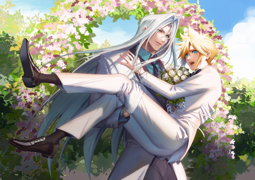 2boys black_bow black_bowtie black_footwear black_necktie black_pants black_socks blonde_hair blue_eyes blue_shirt blue_sky blush bouquet bow bowtie carrying cloud cloud_strife cloudy_sky collared_shirt day dress_shirt dress_shoes earrings eilinna final_fantasy final_fantasy_vii flower foliage formal_clothes gloves green_eyes grey_hair hand_on_another&#039;s_back hand_on_another&#039;s_leg hand_on_another&#039;s_shoulder jewelry long_bangs long_hair looking_to_the_side male_focus multiple_boys necktie open_mouth outdoors pants parted_bangs pink_flower princess_carry purple_flower ribbon rose sephiroth shirt short_hair sky smile socks spiked_hair standing stud_earrings suit teeth upper_teeth_only very_long_hair wedding white_flower white_gloves white_ribbon white_rose white_suit yaoi