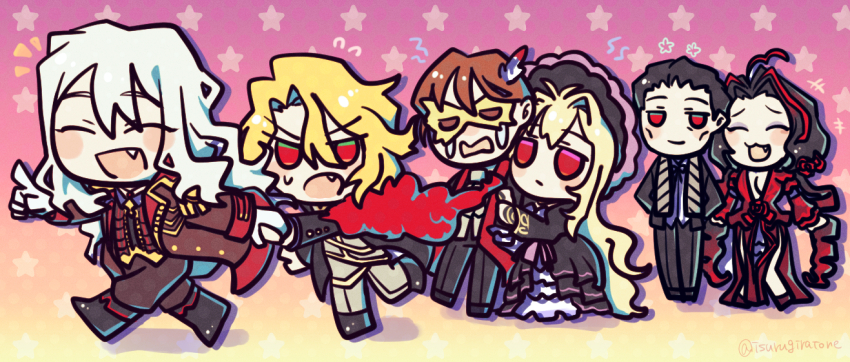 3boys 3girls ahoge nicolina_(project_moon) black_dress black_hair blonde_hair brown_hair cassetti_(project_moon) closed_eyes coat don_quixote_(project_moon) dress drill_hair dulcinea_(project_moon) fang full_body isurugiratone jacket la_manchaland&#039;s_don_quixote_(project_moon) limbus_company long_hair low_twintails multicolored_hair multiple_boys multiple_girls open_mouth pants parted_bangs curiambro_(project_moon) project_moon red_coat red_dress red_eyes red_hair red_pants sancho_(project_moon) short_hair smile streaked_hair twin_drills twintails very_long_hair white_hair white_jacket white_pants