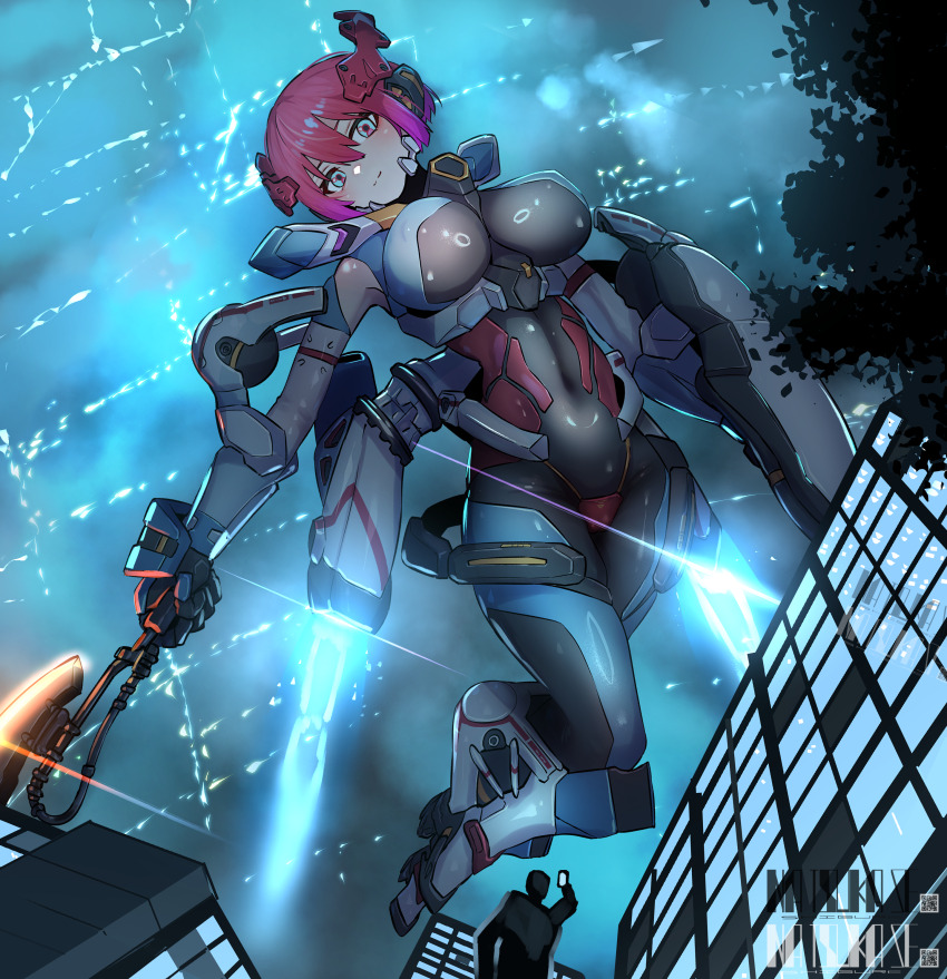 1girl absurdres amate_yuzuriha aqua_eyes artist_name axe battle_axe bodysuit breasts building closed_mouth commentary giant giantess gquuuuuux gundam gundam_gquuuuuux highres holding holding_axe holding_shield holding_weapon large_breasts looking_at_viewer mecha_musume natsukaze_shigure qr_code red_hair science_fiction shield short_hair size_difference solo weapon
