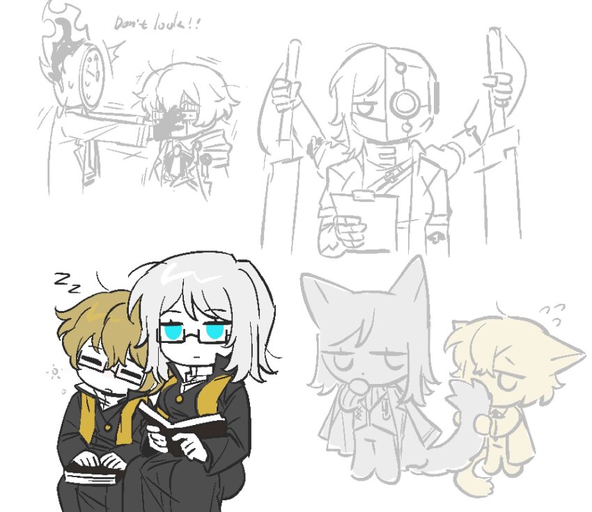 1boy 1girl 1other animal_ears black_coat blonde_hair blue_eyes breasts cat_ears cat_tail clock closed_eyes closed_mouth coat dante_(limbus_company) dieci_association_(identity)_(project_moon) extra_arms faust_(project_moon) fire glasses highres holding holding_sword holding_weapon jewelry large_breasts limbus_company long_sleeves mechanical_arms multicrack_office_(identity)_(project_moon) n_corp._fanatic_(identity)_(project_moon) necklace object_head ohzv open_mouth project_moon short_hair sinclair_(project_moon) sitting stole sword tail weapon white_hair
