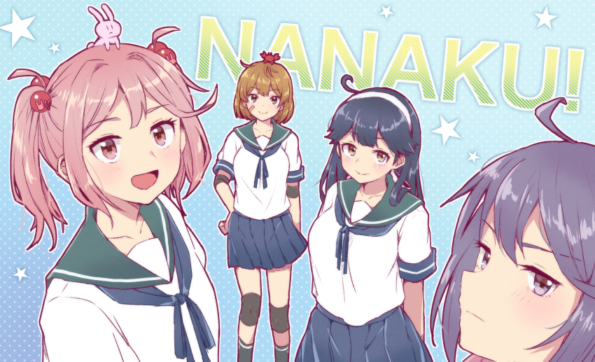 4girls :d ahoge akebono_(kancolle) arms_behind_back bandaid bandaid_on_cheek bandaid_on_face black_hair breasts brown_eyes brown_hair crab_on_head elbow_pads green_sailor_collar hair_bobbles hair_ornament hairband hand_on_own_hip highres jitome kantai_collection knee_pads large_breasts long_hair looking_at_viewer missou_shiro multiple_girls oboro_(kancolle) oboro_kai_(kancolle) open_mouth pink_eyes pink_hair pleated_skirt purple_eyes purple_hair sailor_collar sazanami_(kancolle) school_uniform serafuku short_hair skirt smile twintails ushio_(kancolle) ushio_kai_ni_(kancolle) white_hairband