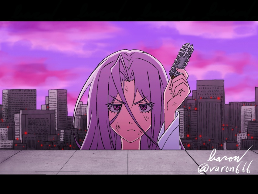 1girl baron_(varon666) fuuto_tantei highres kamen_rider kamen_rider_w long_hair looking_at_viewer purple_eyes purple_hair solo tokime_(fuuto_tantei) varon