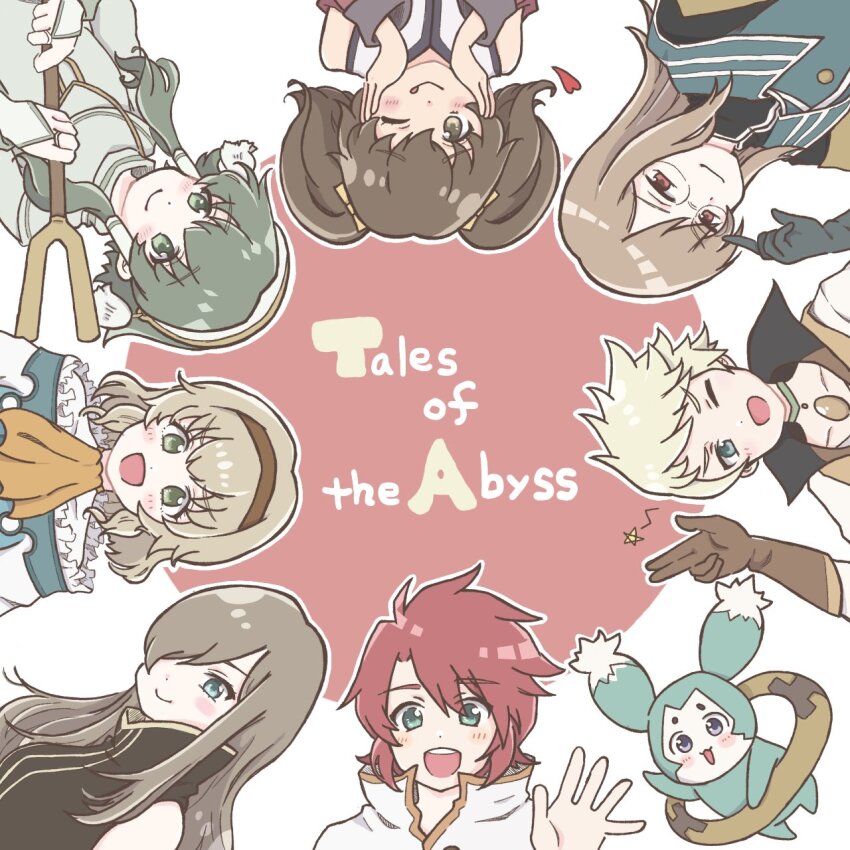 3girls 4boys :d :q anise_tatlin blonde_hair blue_gloves brown_gloves brown_hair closed_mouth copyright_name dot_nose glasses gloves gold_trim green_eyes green_hair guy_cecil hair_over_one_eye highres ion_(tales) jacket jade_curtiss kazunokoumaa_(mymyabyss) mieu_(tales) multiple_boys multiple_girls natalia_luzu_kimlasca_lanvaldear one_eye_closed open_mouth red_eyes red_hair salute short_hair smile tales_of_(series) tales_of_the_abyss tear_grants teeth tongue tongue_out twintails two-finger_salute upper_teeth_only waving white_jacket