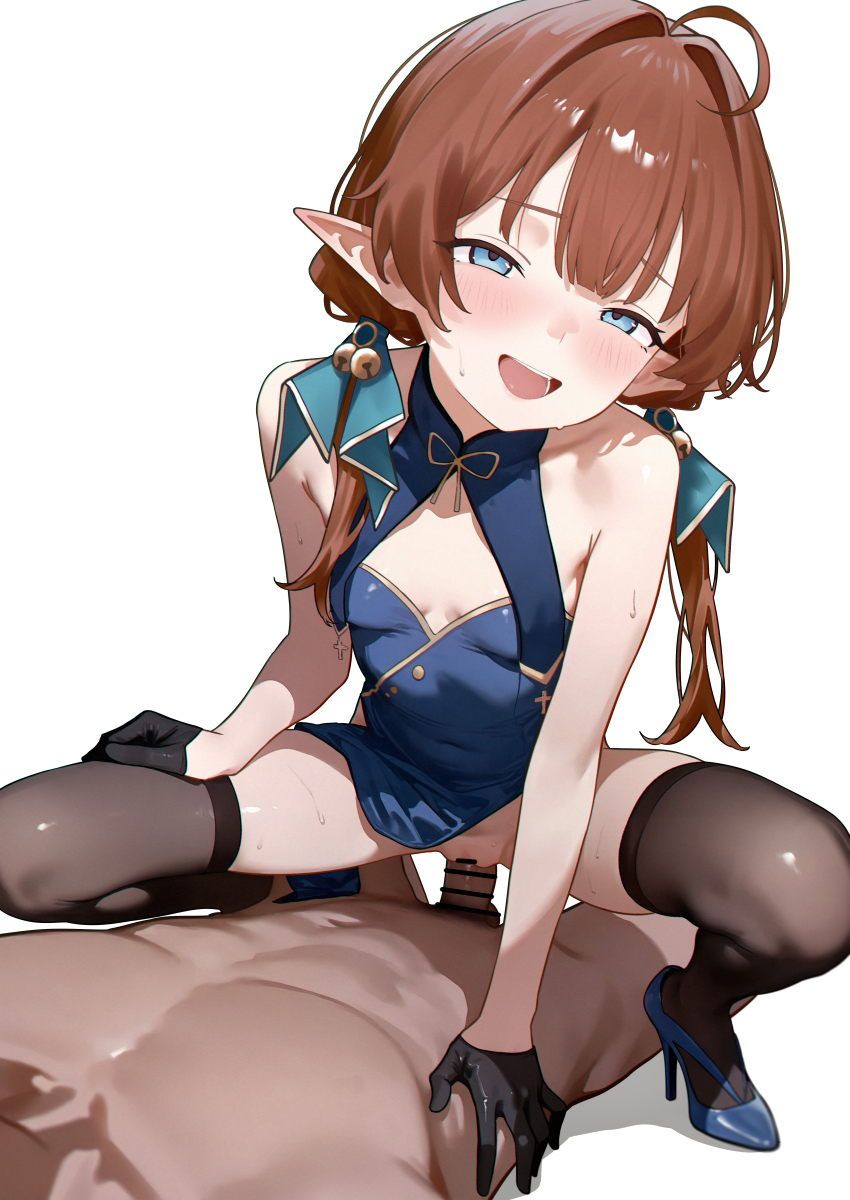 1boy 1girl absurdres bar_censor black_thighhighs blue_dress blue_eyes blue_shoes breasts brown_hair censored clothed_female_nude_male clothed_sex clothing_aside commentary dress eco_376124 girl_on_top has_bad_revision has_censored_revision hetero highres md5_mismatch nude open_mouth original pelvic_curtain pelvic_curtain_aside penis pointy_ears pussy sex shoes small_breasts squatting_cowgirl_position thighhighs twintails vaginal