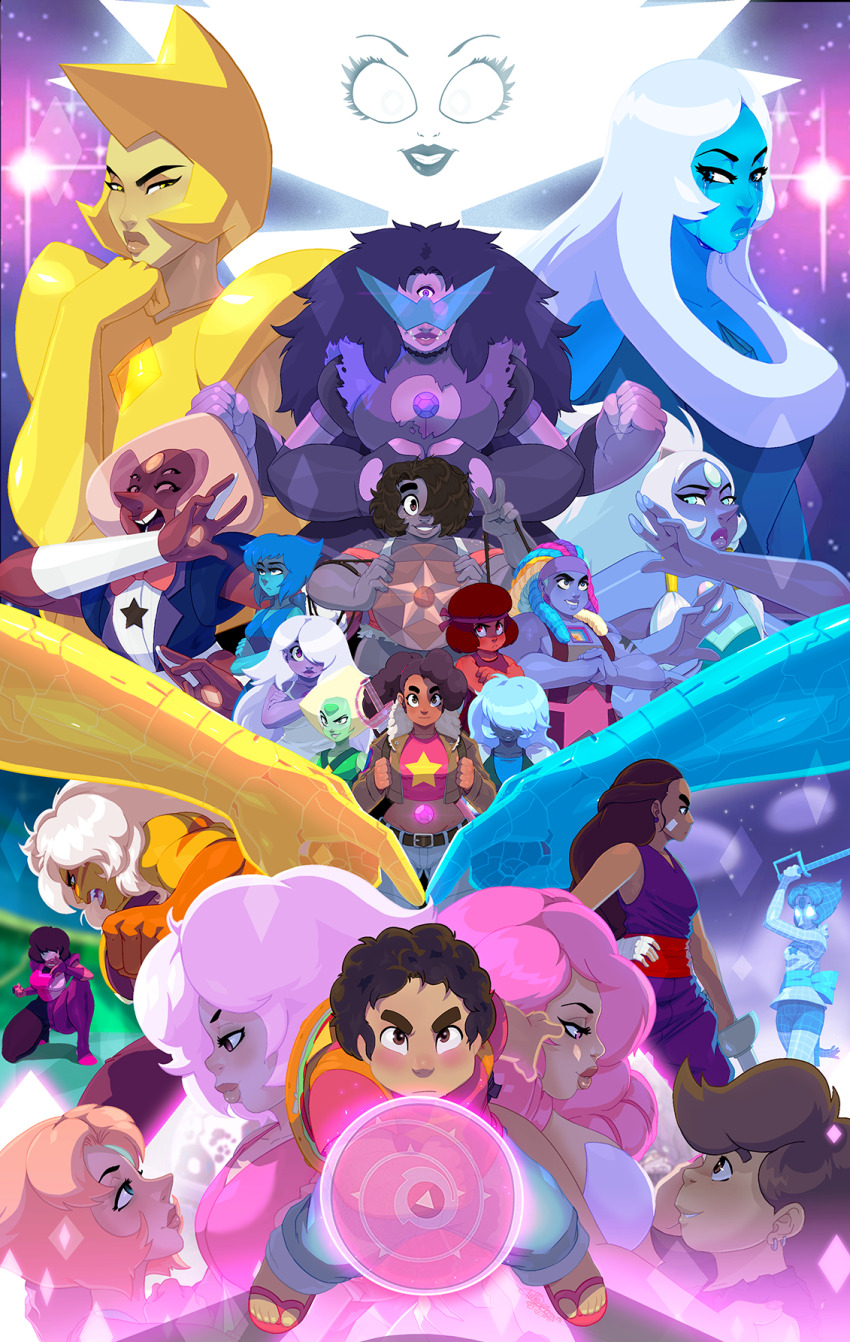 2others 6+girls amethyst_(steven_universe) bismuth_(steven_universe) blue_diamond_(steven_universe) colored_skin connie_maheswaran diamond-shaped_hair diamond_(species)_(steven_universe) face_shield forehead_jewel garnet_(steven_universe) gem gem_(steven_universe) giant giantess greg_universe highres homeworld_gem_uniform indian jasper_(species)_(steven_universe) jasper_(steven_universe) lapis_lazuli_(reformed)_(steven_universe) lapis_lazuli_(steven_universe) multiple_girls multiple_others opal_(steven_universe) pearl_(original_form)_(steven_universe) pearl_(species)_(steven_universe) pearl_(steven_universe) peridot_(steven_universe) pink_diamond_(steven_universe) pointy_nose purple_skin rose&#039;s_shield_(steven_universe) rose&#039;s_sword_(steven_universe) rose_quartz_(species)_(steven_universe) rose_quartz_universe ruby_(species)_(steven_universe) ruby_(steven_universe) sapphire_(steven_universe) sardonyx_(steven_universe) smoky_quartz_(steven_universe) steven_quartz_universe steven_universe stevonnie_(steven_universe) sugilite_(steven_universe) sunglasses tovio_rogers white_diamond_(steven_universe) yellow_diamond_(steven_universe)