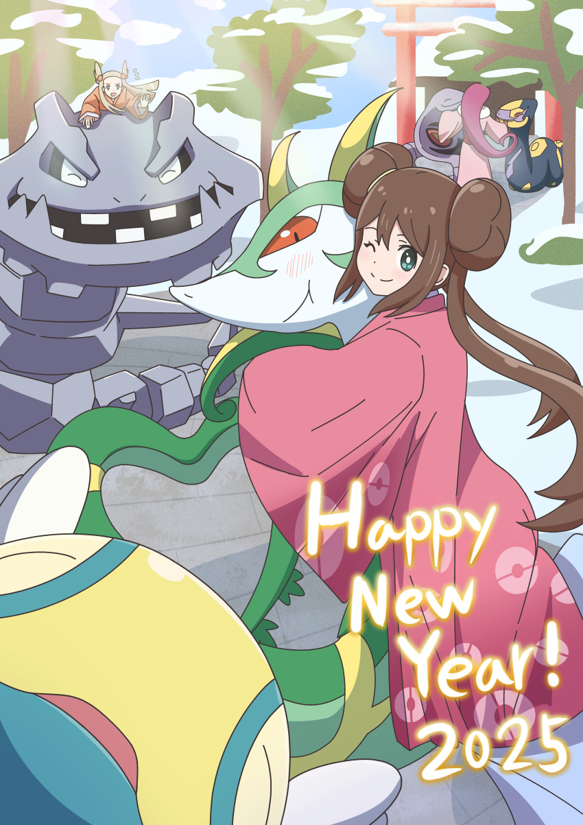 2025 3girls ;) absurdres alternate_costume arbok bright_pupils brown_hair closed_mouth cloud commentary_request day double_bun dunsparce gen_1_pokemon gen_2_pokemon gen_3_pokemon gen_5_pokemon green_eyes hair_bun happy_new_year highres japanese_clothes jasmine_(pokemon) jessie_(pokemon) kimono long_hair multiple_girls new_year nintendo notice_lines one_eye_closed outdoors pink_kimono pokemon pokemon_(anime) pokemon_(creature) pokemon_bw2 pokemon_hgss riding riding_pokemon rosa_(pokemon) serperior seviper shiro_shiki sky smile snow split_mouth steelix tree twintails white_pupils winter