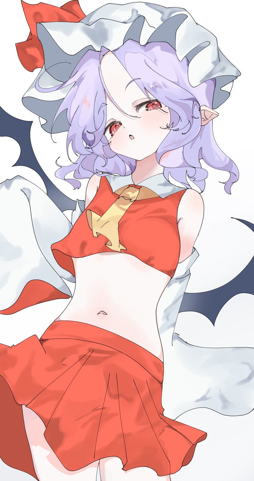 1girl ascot bare_shoulders bat_wings blue_hair cosplay crop_top detached_sleeves frills hakurei_reimu hakurei_reimu_(cosplay) hat highres kerukero1341 mob_cap navel red_eyes red_ribbon red_skirt remilia_scarlet ribbon skirt stomach thighs touhou vampire wings yellow_ascot