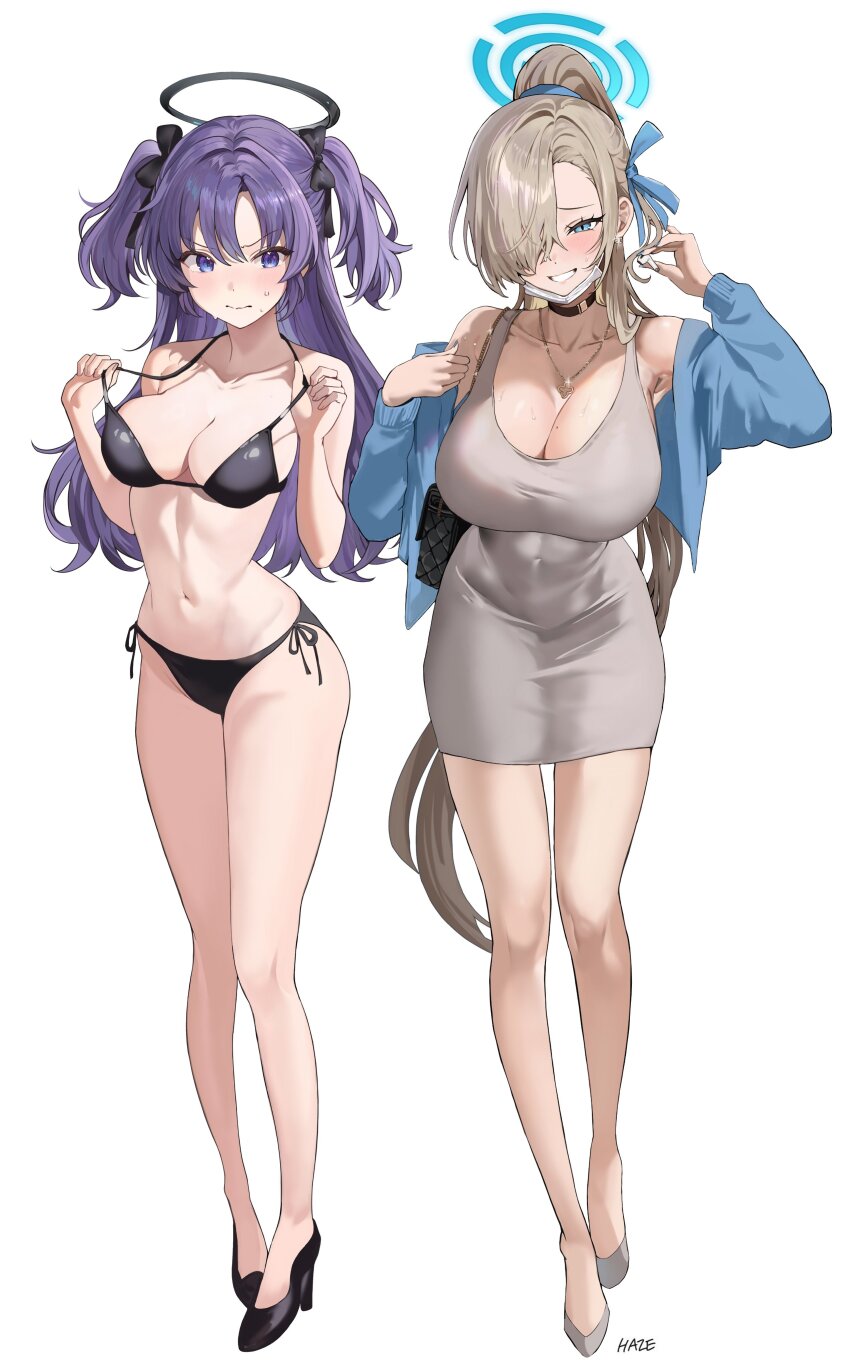 2girls absurdres alternate_costume armpits asuna_(blue_archive) bare_shoulders bikini bikini_top_pull black_bikini black_bow black_footwear black_halo blue_archive blue_eyes blue_halo blue_jacket blush bow breasts cleavage closed_mouth collarbone commentary_request covered_navel dongtan_dress dress earphones full_body grey_dress grey_footwear hair_bow hair_intakes halo halterneck haze_(ohw8g) heart high_heels highres holding holding_earphones jacket large_breasts light_brown_hair long_hair looking_at_viewer mask mask_lift medium_breasts meme_attire mole mole_on_breast mouth_mask multiple_girls navel open_clothes open_jacket pulling_own_clothes side-tie_bikini_bottom simple_background single_bare_shoulder single_earphone_removed single_off_shoulder smile spoken_blush standing stomach sweat swimsuit thighs tight_clothes tight_dress v-shaped_eyebrows very_long_hair white_background white_mask yuuka_(blue_archive)