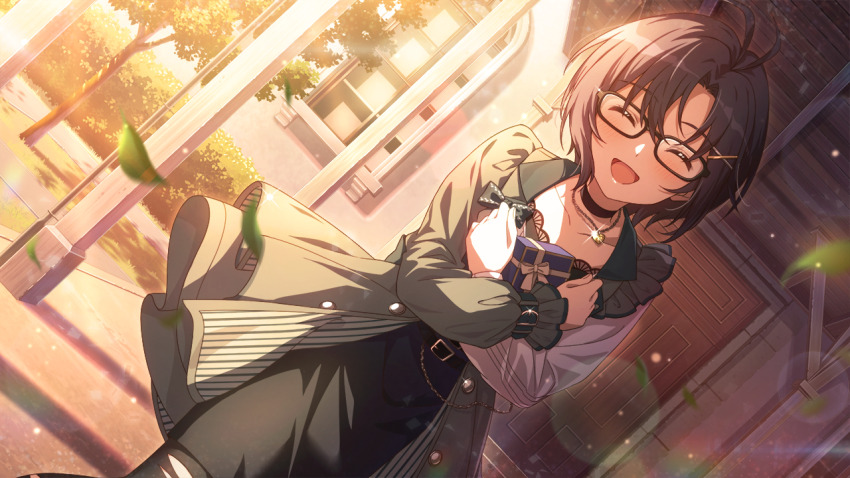 1girl antenna_hair belt black_hair box building bush chain choker closed_eyes game_cg gift gift_box glasses grass hair_ornament hairclip holding idolmaster idolmaster_million_live! idolmaster_million_live!_theater_days jewelry kikuchi_makoto leaf necklace official_art open_mouth skirt solo tree