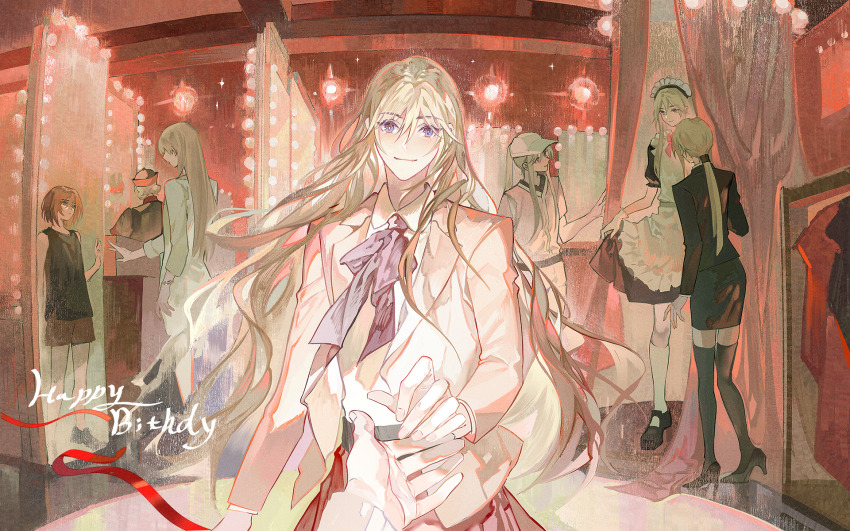 1boy 6+others apron black_dress blonde_hair brown_hair crossdressing curtains dress hakata_tonkotsu_ramens happy_birthday highres holding_hands jacket long_hair long_sleeves looking_at_viewer maid maid_apron maid_headdress multiple_boys multiple_others purple_eyes ribbon skirt smile solo_focus string string_of_fate thighhighs trap xianming_lin yinzinmiemie