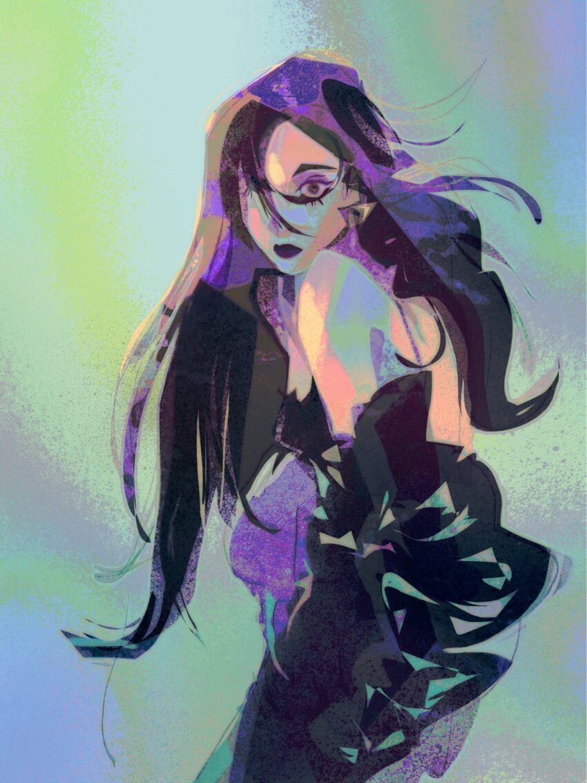 1girl aespa black_hair black_lips closed_mouth commentary cowboy_shot earrings english_commentary eyelashes floating_hair highres jewelry k-pop long_hair ningning_(aespa) owldreig purple_hair real_life solo