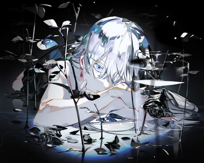 1girl absurdres black_background black_dress black_flower black_rose blue_eyes colored_eyelashes crossed_arms cup dress drinking_glass expressionless flower hair_between_eyes highres leaning_on_self long_hair looking_at_viewer lying on_stomach one_eye_covered original petals rose shallow_water solo syokuuuuuuuuumura water white_eyelashes white_hair