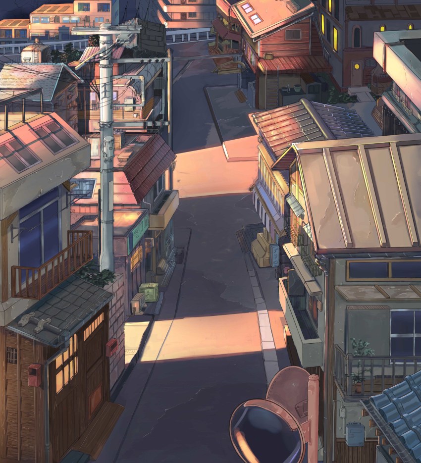 absurdres building commentary_request door flower_pot highres house ladder lamppost mailbox_(incoming_mail) morning no_humans original plant power_lines qdsn road scenery shade sunlight town utility_pole window