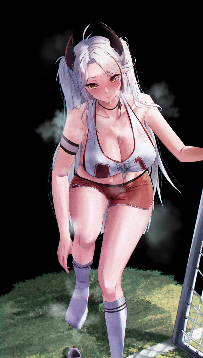 1girl absurdres azur_lane black_background blush breasts buruma cleavage demon_horns grass grey_hair hanako_(078) highres horns large_breasts long_hair multicolored_hair official_alternate_costume prinz_eugen_(azur_lane) prinz_eugen_(brilliant_touchdown)_(azur_lane) red_buruma red_hair shirt socks solo streaked_hair twintails white_shirt white_socks yellow_eyes