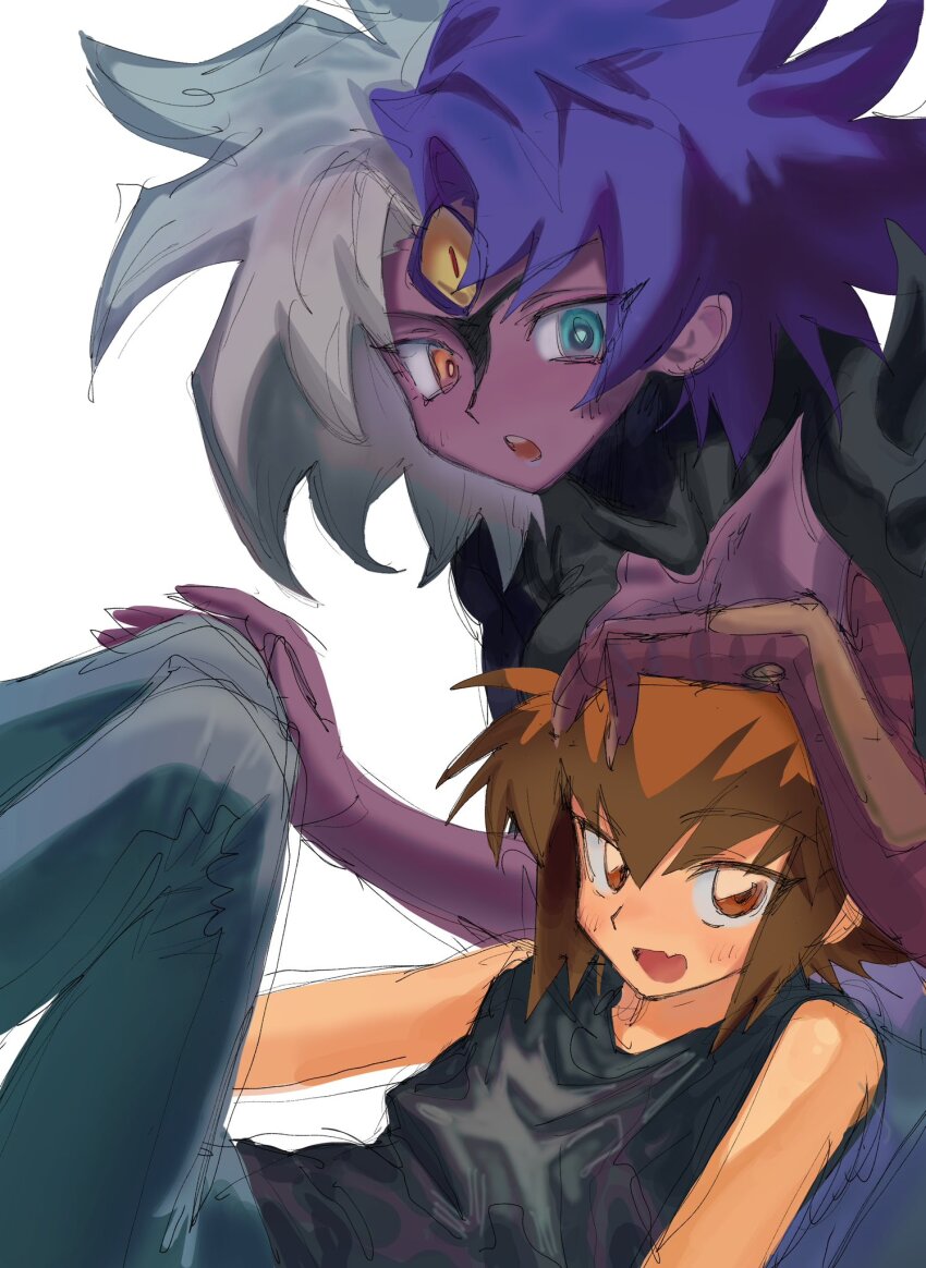 1boy 1other alternate_costume black_shirt blue_pants brown_eyes brown_hair colored_sclera colored_skin green_eyes grey_hair heterochromia highres medium_hair multicolored_hair orange_eyes pants purple_hair purple_skin shirt simple_background sleeveless sleeveless_shirt spiked_hair tawashipurin third_eye two-tone_hair white_background yellow_sclera yu-gi-oh! yu-gi-oh!_gx yubel yuki_judai