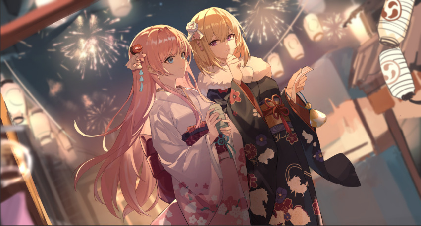 2girls aerial_fireworks artist_request bang_dream! bang_dream!_it&#039;s_mygo!!!!! black_kimono blonde_hair blue_eyes chihaya_anon chinese_commentary commentary_request commission fireworks flower hair_flower hair_ornament hand_up highres holding_omikuji japanese_clothes kimono lantern long_hair medium_hair misumi_uika multiple_girls obi omikuji pink_hair pink_kimono purple_eyes sash second-party_source wide_sleeves