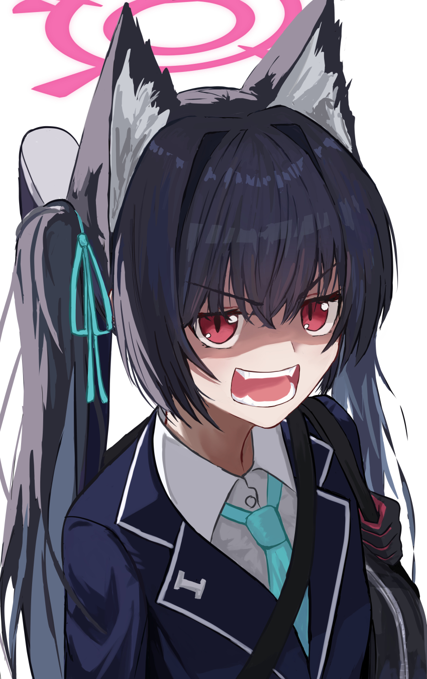 1girl absurdres angry animal_ear_fluff animal_ears backlighting bag black_gloves black_hair black_jacket blue_archive blue_necktie cat_ears cat_girl check_commentary collared_shirt commentary_request fangs fujiwara_haru_(nekonote) gloves hair_between_eyes hair_intakes halo highres jacket long_hair looking_at_viewer necktie open_mouth pink_halo red_eyes school_uniform serika_(blue_archive) shaded_face shirt shoulder_bag simple_background slit_pupils solo straight_hair teeth twintails upper_body v-shaped_eyebrows white_background white_shirt