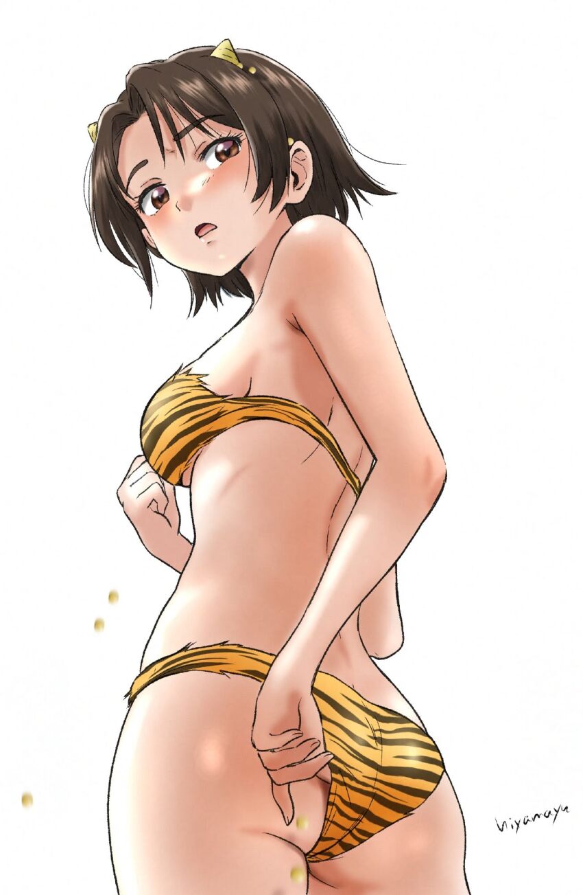 1girl adjusting_buruma adjusting_clothes ass bikini blush breasts brown_eyes brown_hair buruma butt_crack cosplay fake_horns girls_und_panzer hiyama_yuu_(wee259hiyama) horns large_breasts looking_down lum_(cosplay) open_mouth sawa_azusa solo striped_bikini striped_buruma striped_clothes swimsuit tiger_stripes urusei_yatsura